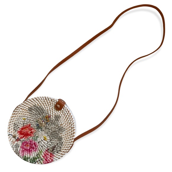 Bali Bohemian Rattan Floral Print Handwoven Handmade Basket Crossbody Purse - Picture 3 of 14